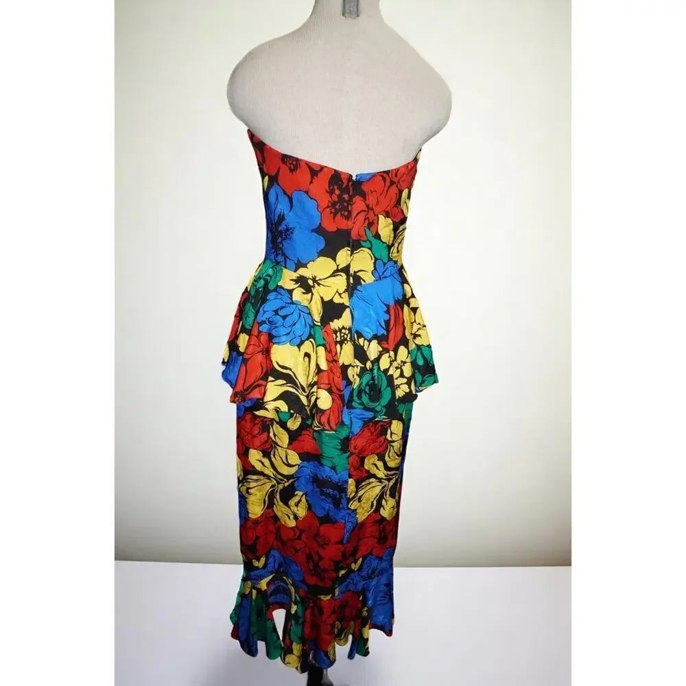 Vintage Mr. Blackwell 100% Silk Strapless Peplum Wiggle Dress – Multicolor Flora - Picture 5 of 10
